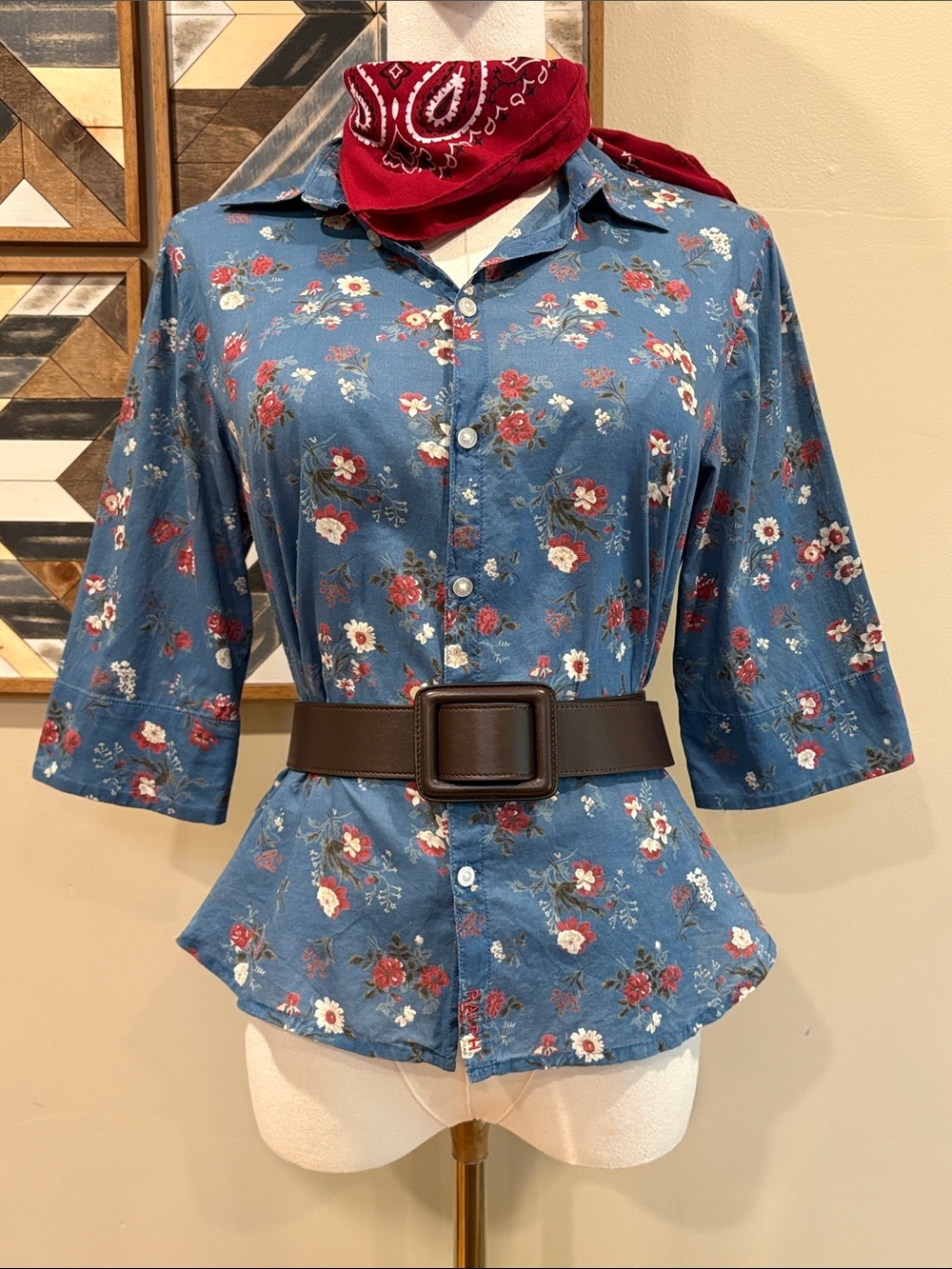 Vintage RALPH Ralph Lauren 90s Blue Floral Semi-Sheer Cotton Button-Up Top M